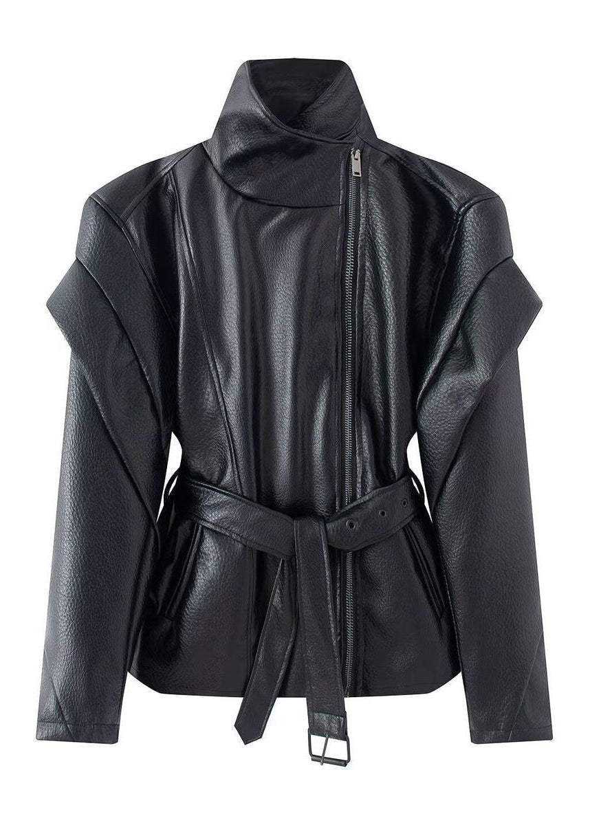 Valencia Sculpted Faux Leather Moto Jacket – Belted Black Biker Coat