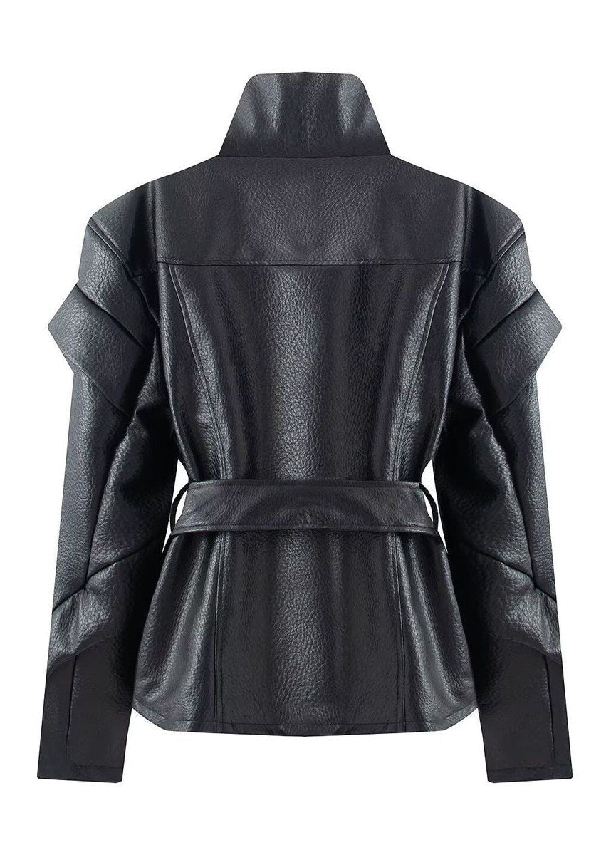 Valencia Sculpted Faux Leather Moto Jacket – Belted Black Biker Coat