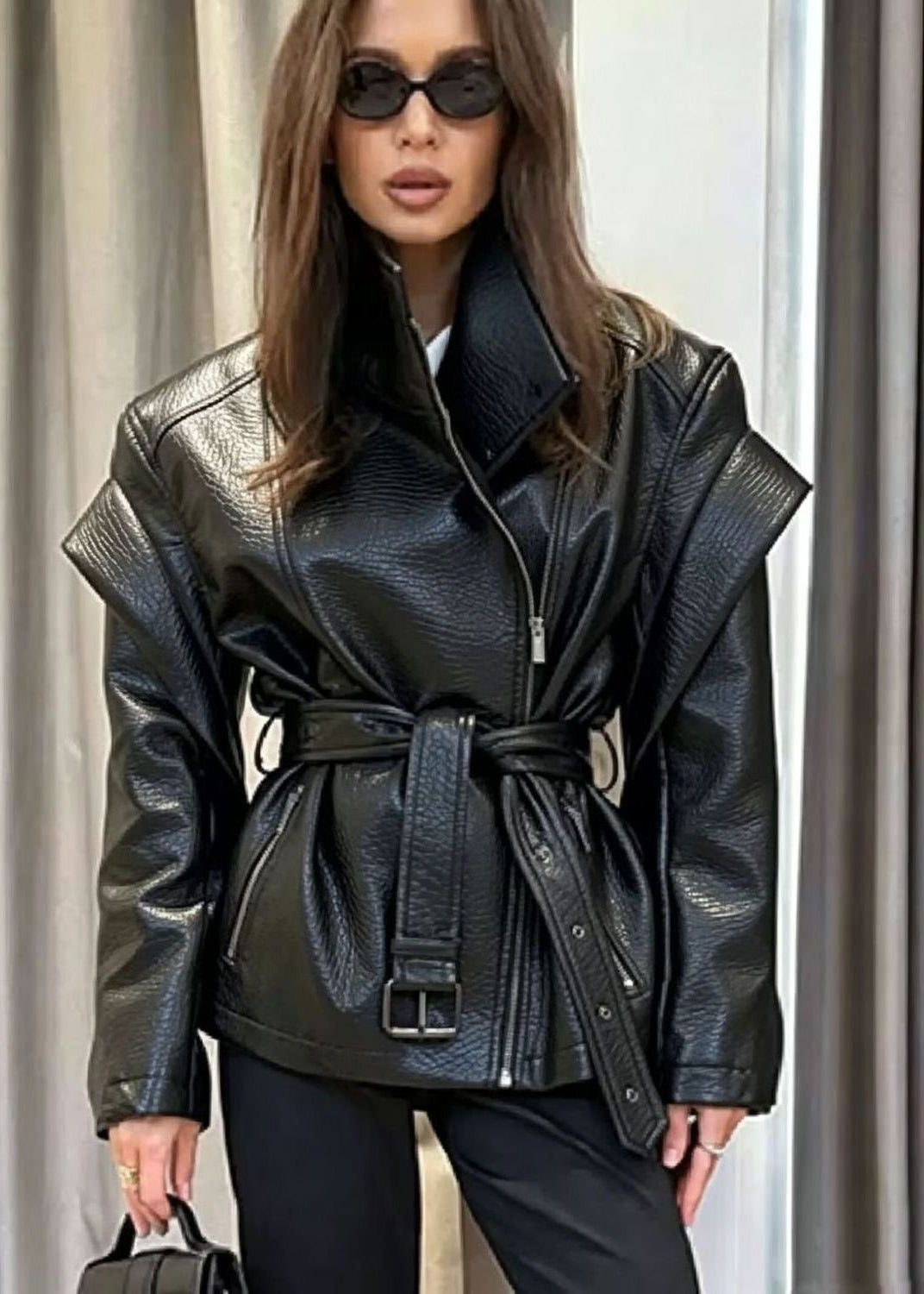 Valencia Sculpted Faux Leather Moto Jacket – Belted Black Biker Coat