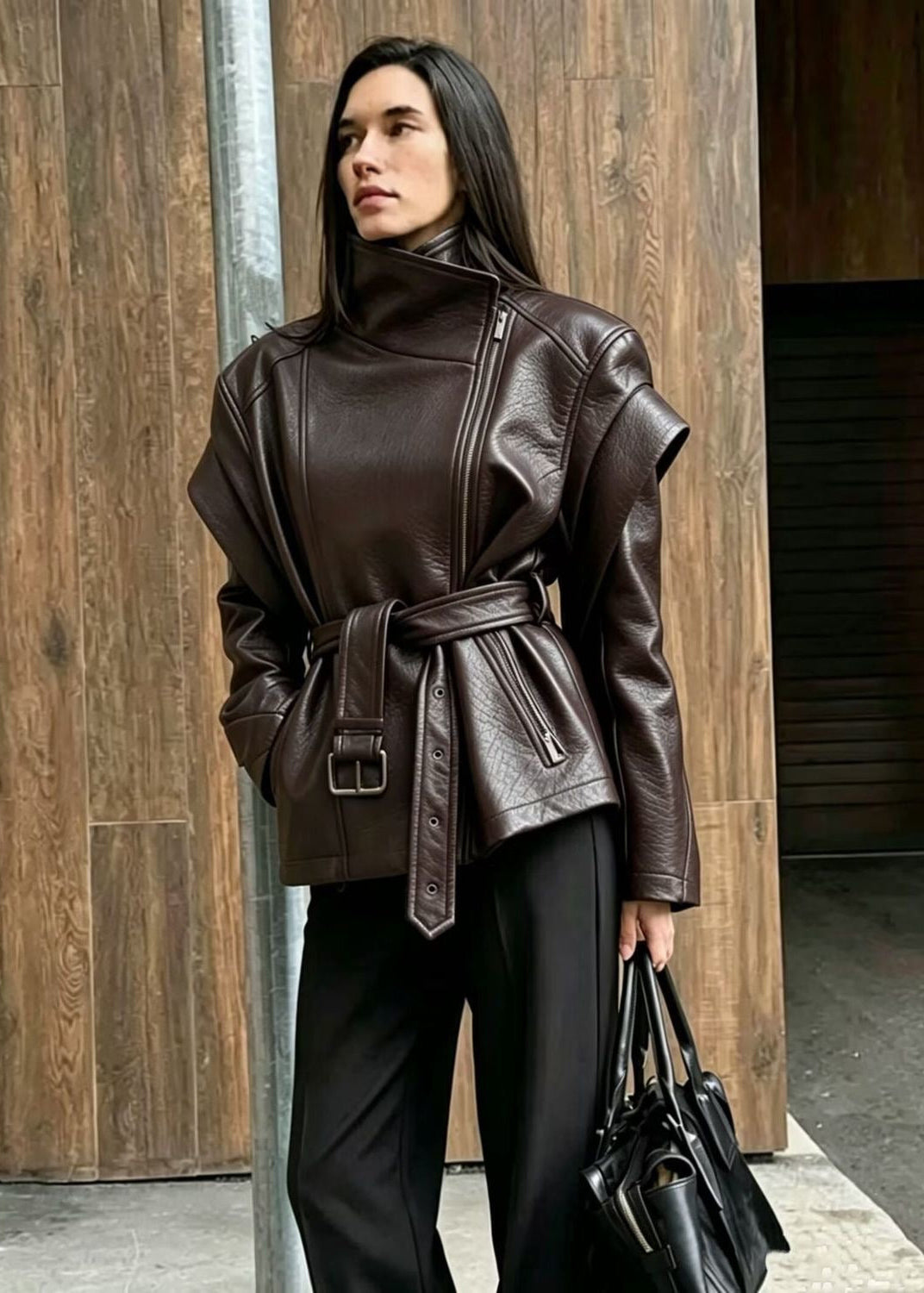 Valencia Sculpted Faux Leather Moto Jacket – Belted Black Biker Coat