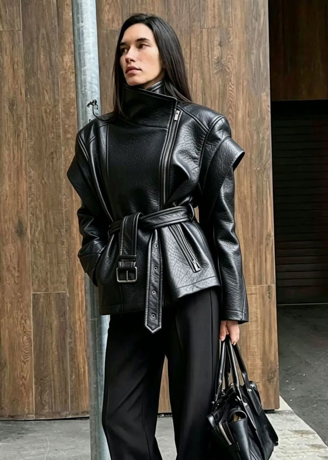Valencia Sculpted Faux Leather Moto Jacket – Belted Black Biker Coat