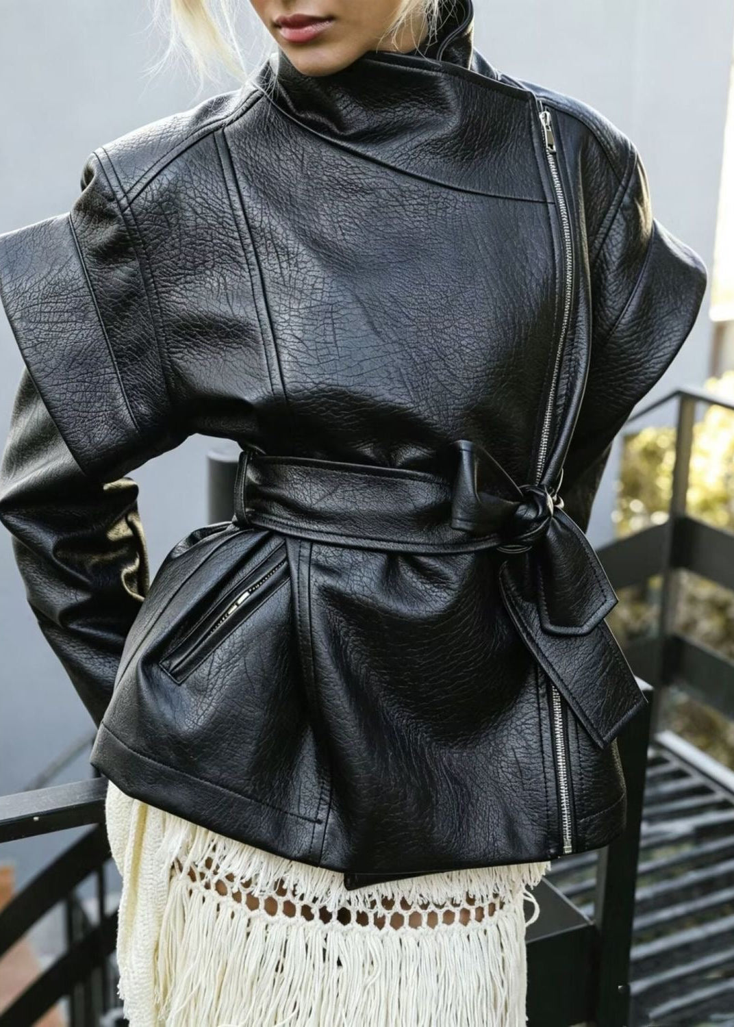 Valencia Sculpted Faux Leather Moto Jacket – Belted Black Biker Coat