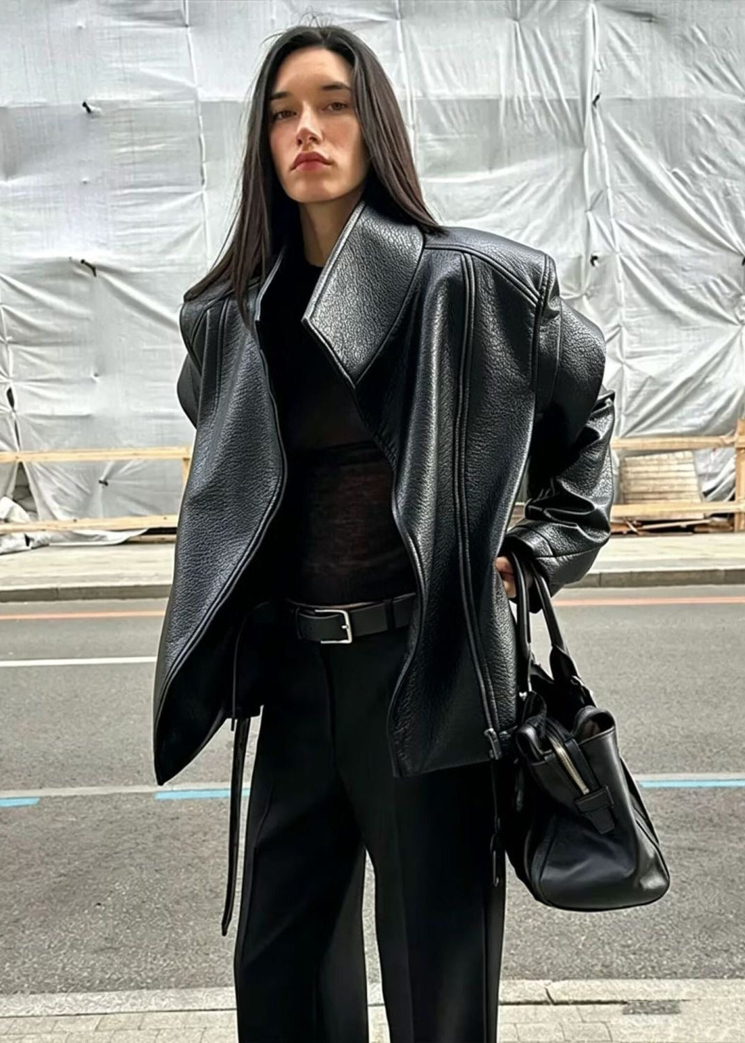 Valencia Sculpted Faux Leather Moto Jacket – Belted Black Biker Coat