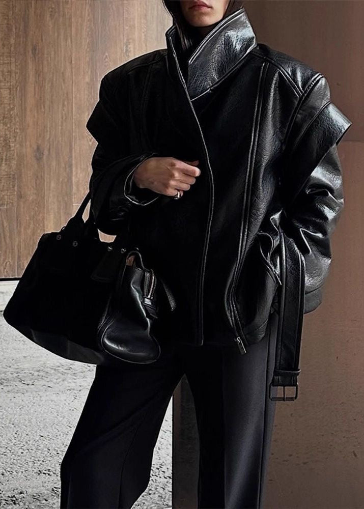 Valencia Sculpted Faux Leather Moto Jacket – Belted Black Biker Coat