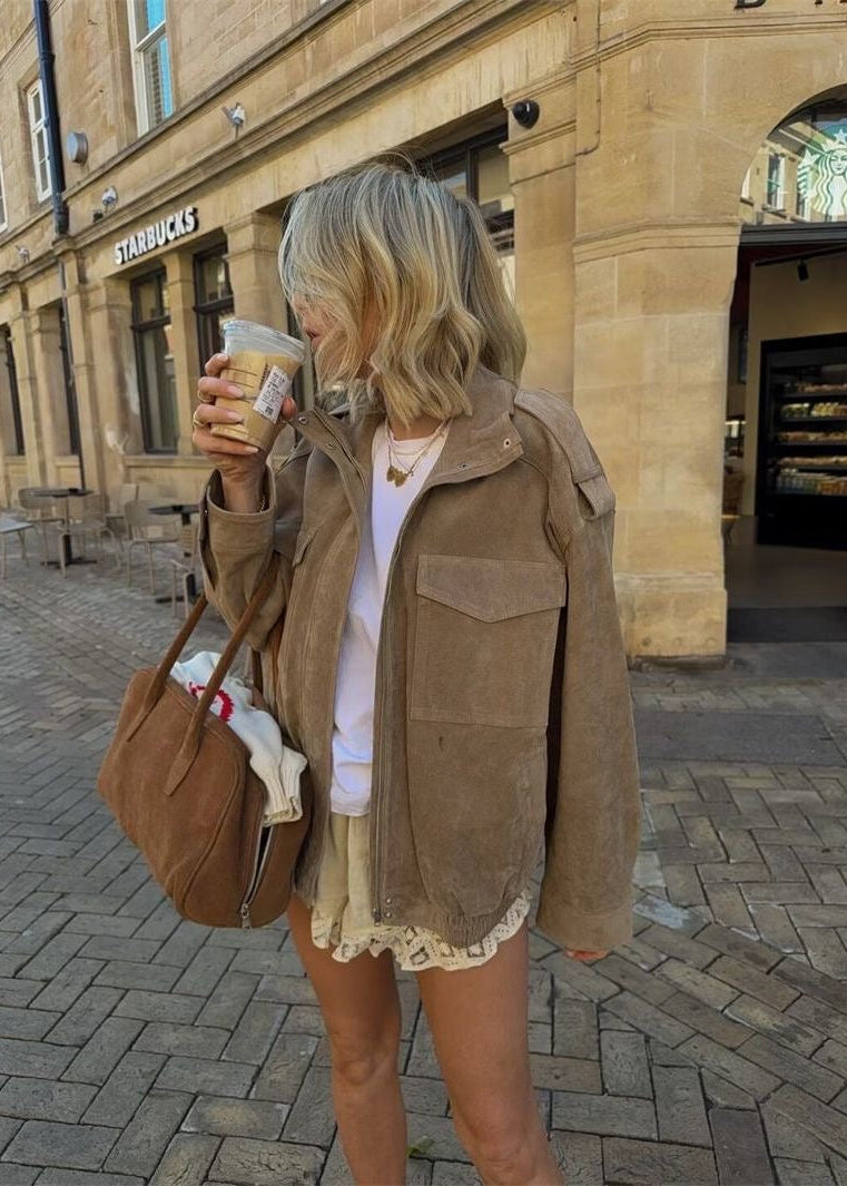 Avery Oversized Suede-Look Utility Jacket – Taupe