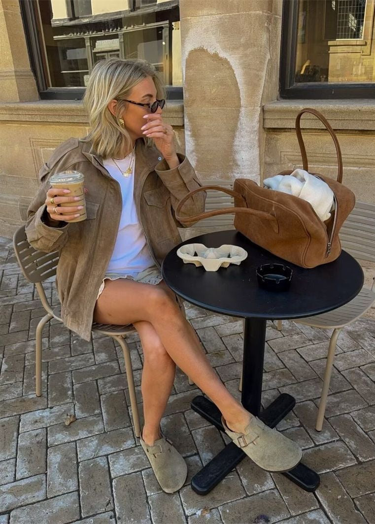Avery Oversized Suede-Look Utility Jacket – Taupe