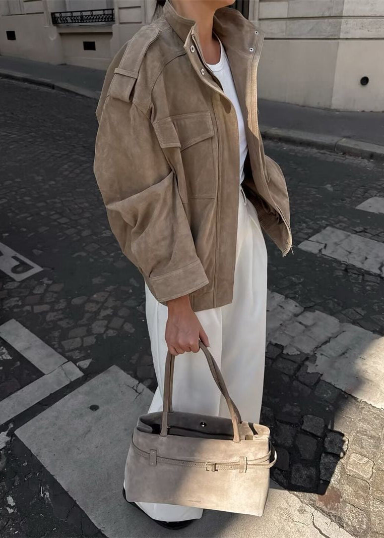 Avery Oversized Suede-Look Utility Jacket – Taupe