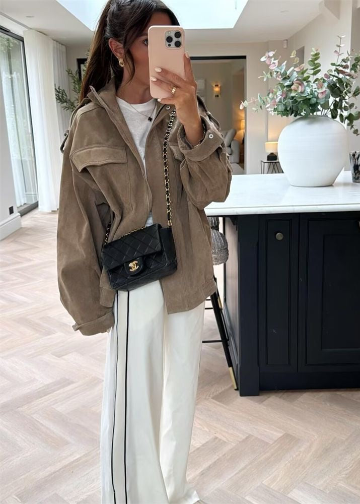 Avery Oversized Suede-Look Utility Jacket – Taupe
