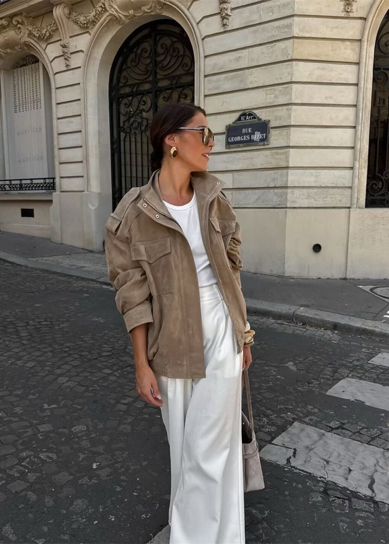 Avery Oversized Suede-Look Utility Jacket – Taupe