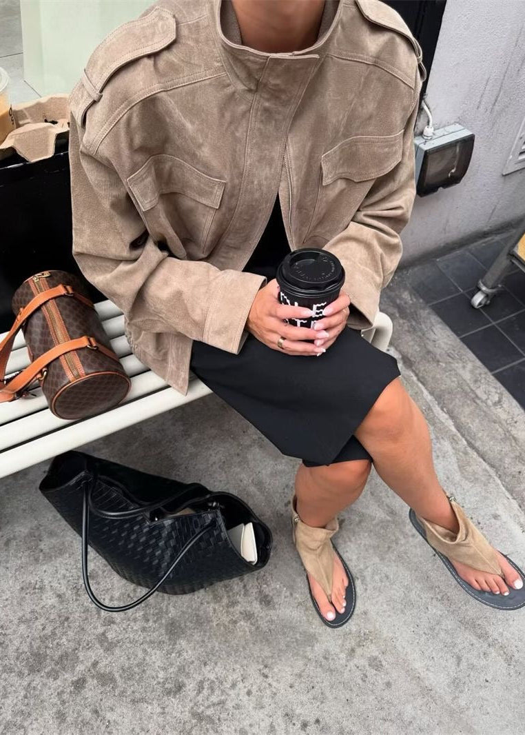 Avery Oversized Suede-Look Utility Jacket – Taupe