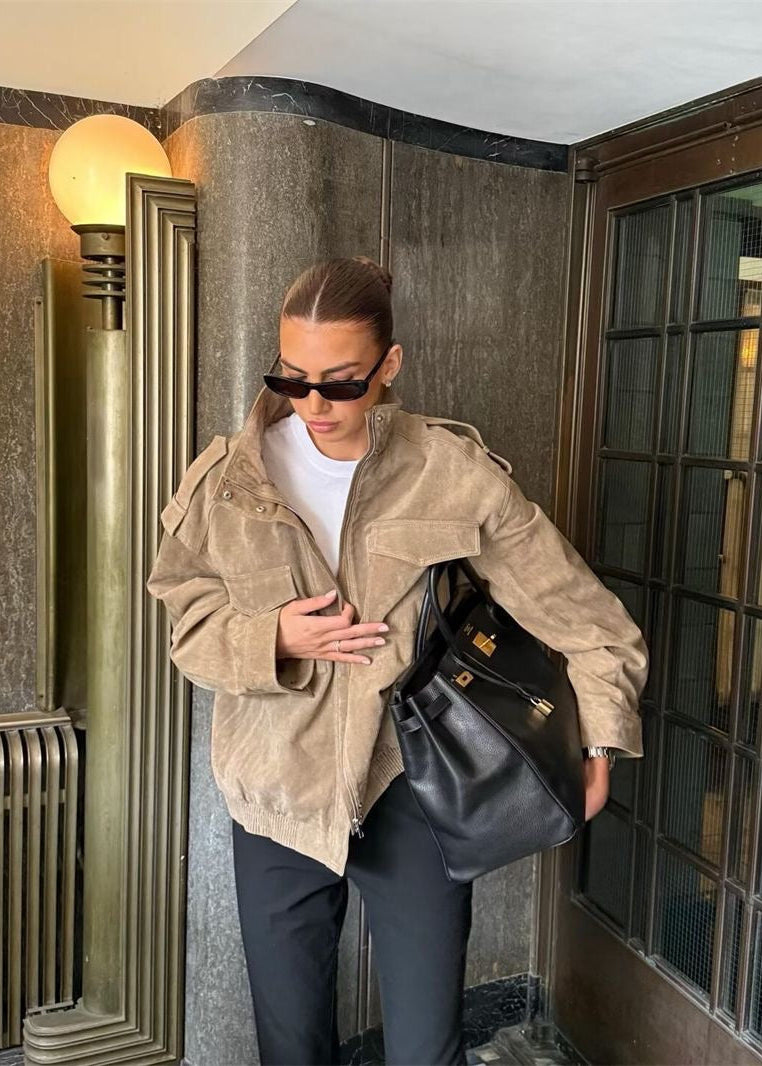 Avery Oversized Suede-Look Utility Jacket – Taupe
