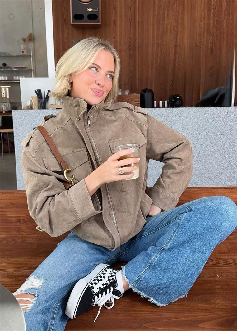 Avery Oversized Suede-Look Utility Jacket – Taupe