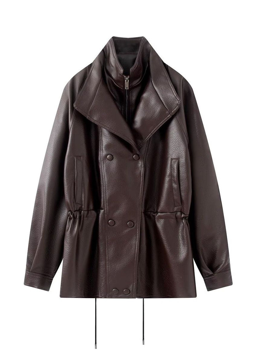 Brown Leather-Look Jacket with High Collar and Drawstring Waist