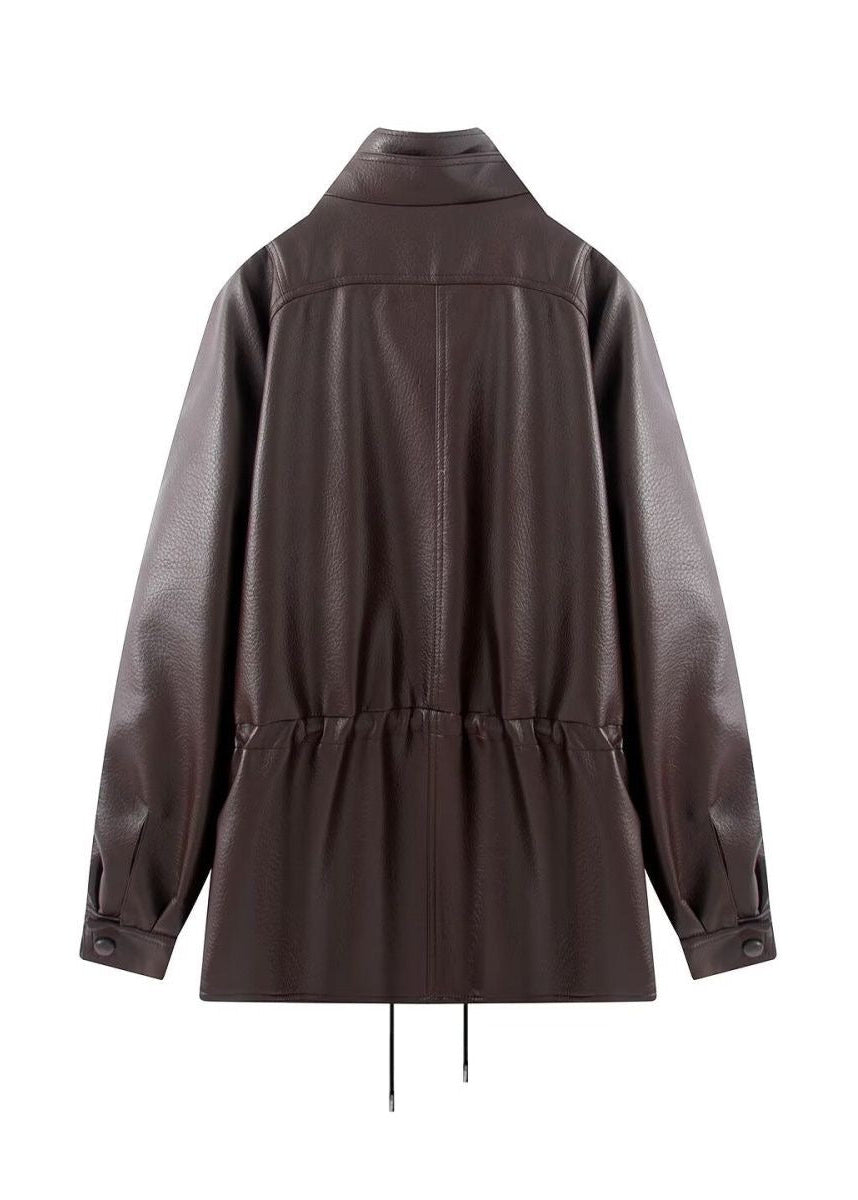 Brown Leather-Look Jacket with High Collar and Drawstring Waist