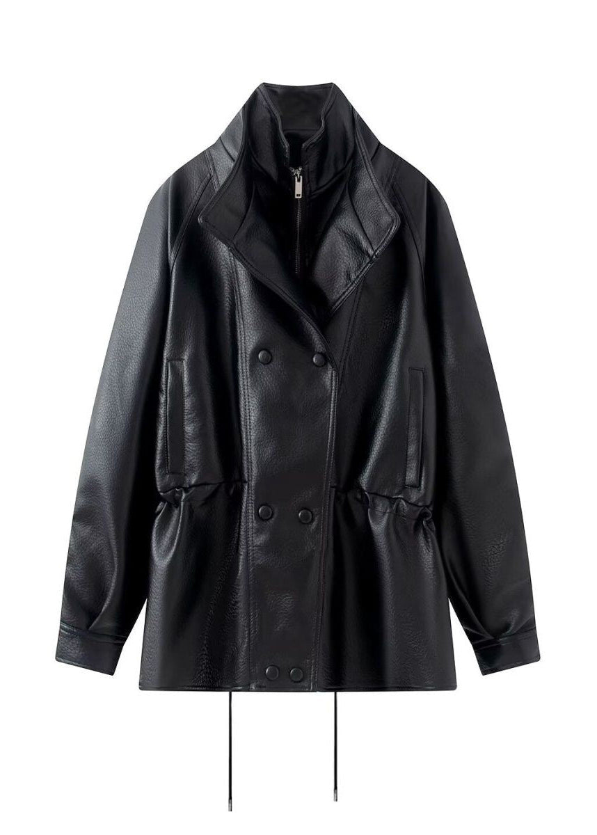 Brown Leather-Look Jacket with High Collar and Drawstring Waist