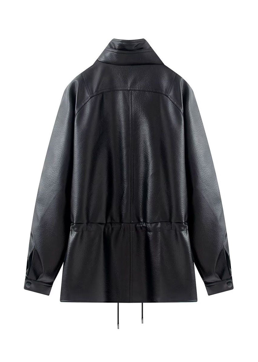 Brown Leather-Look Jacket with High Collar and Drawstring Waist