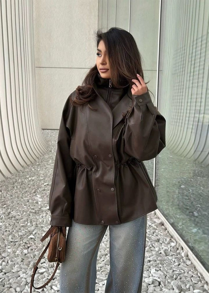 Brown Leather-Look Jacket with High Collar and Drawstring Waist