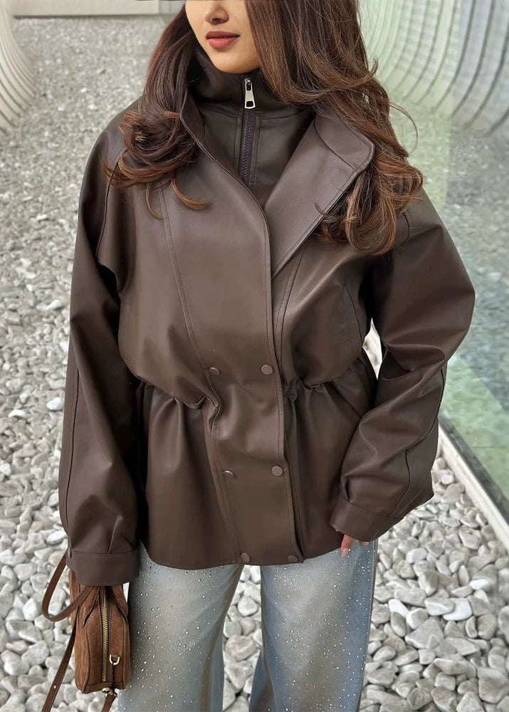 Brown Leather-Look Jacket with High Collar and Drawstring Waist