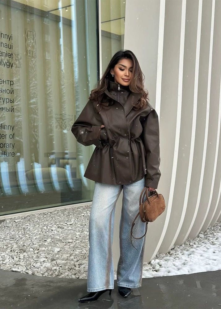 Brown Leather-Look Jacket with High Collar and Drawstring Waist