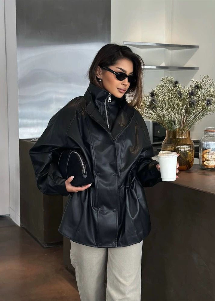 Brown Leather-Look Jacket with High Collar and Drawstring Waist