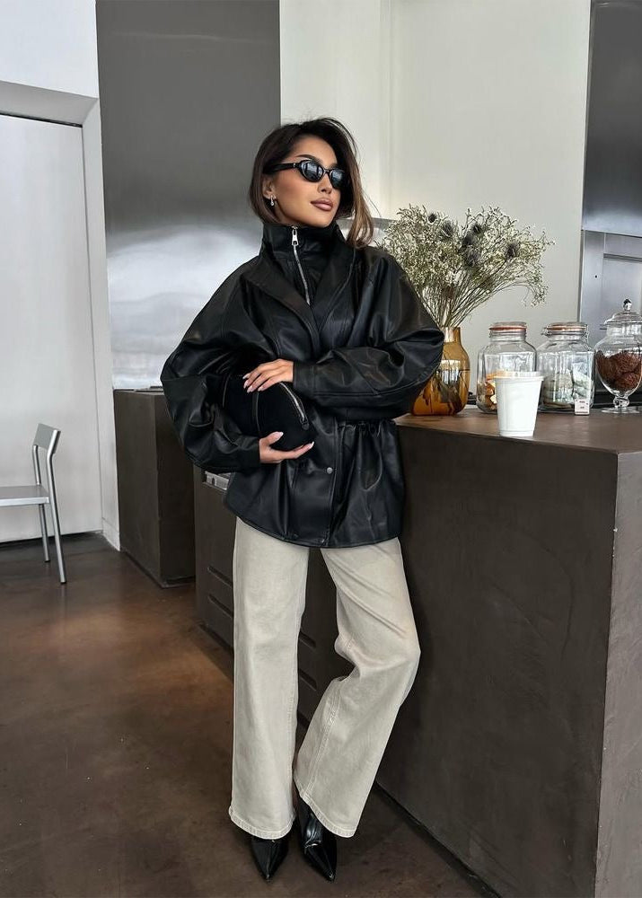 Brown Leather-Look Jacket with High Collar and Drawstring Waist