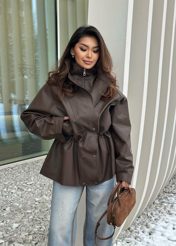Brown Leather-Look Jacket with High Collar and Drawstring Waist