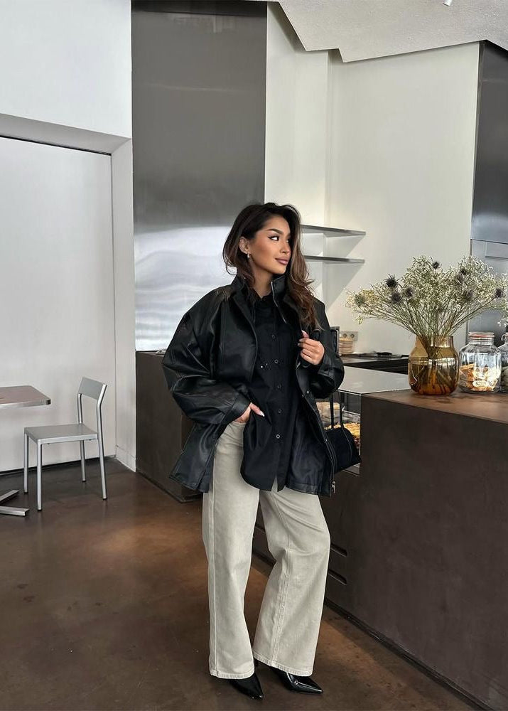 Brown Leather-Look Jacket with High Collar and Drawstring Waist