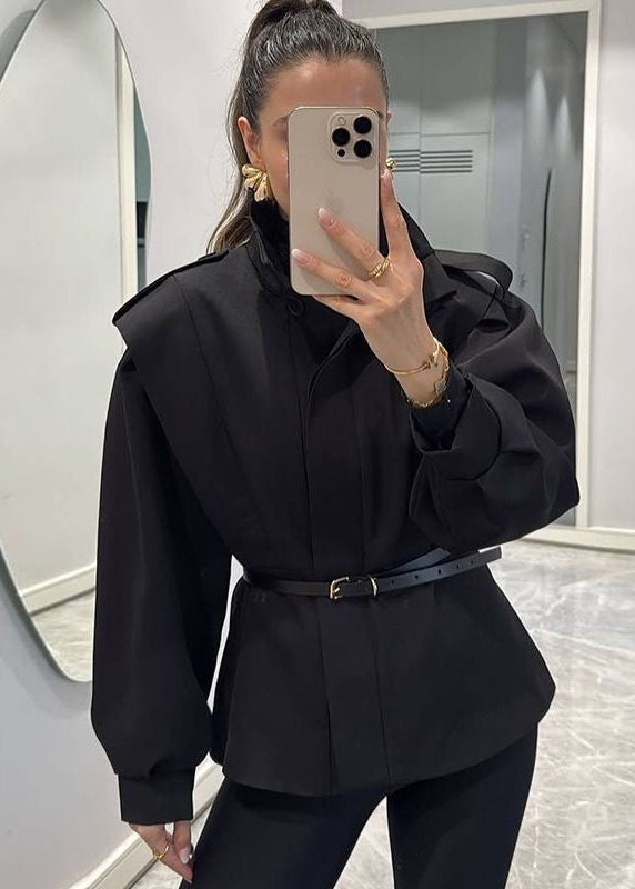 Belted High Collar Jacket with Structured Shoulders and Balloon Sleeves