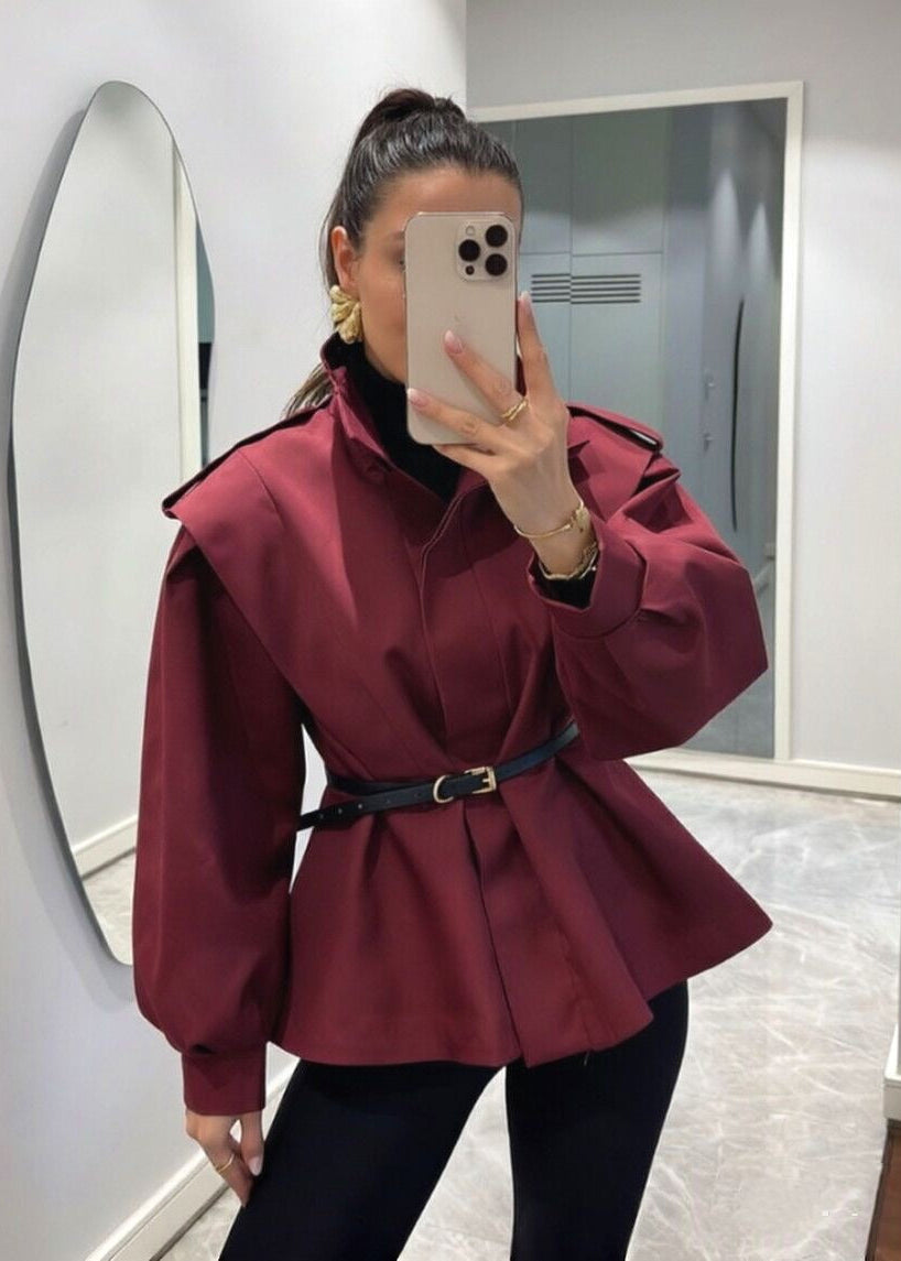 Belted High Collar Jacket with Structured Shoulders and Balloon Sleeves