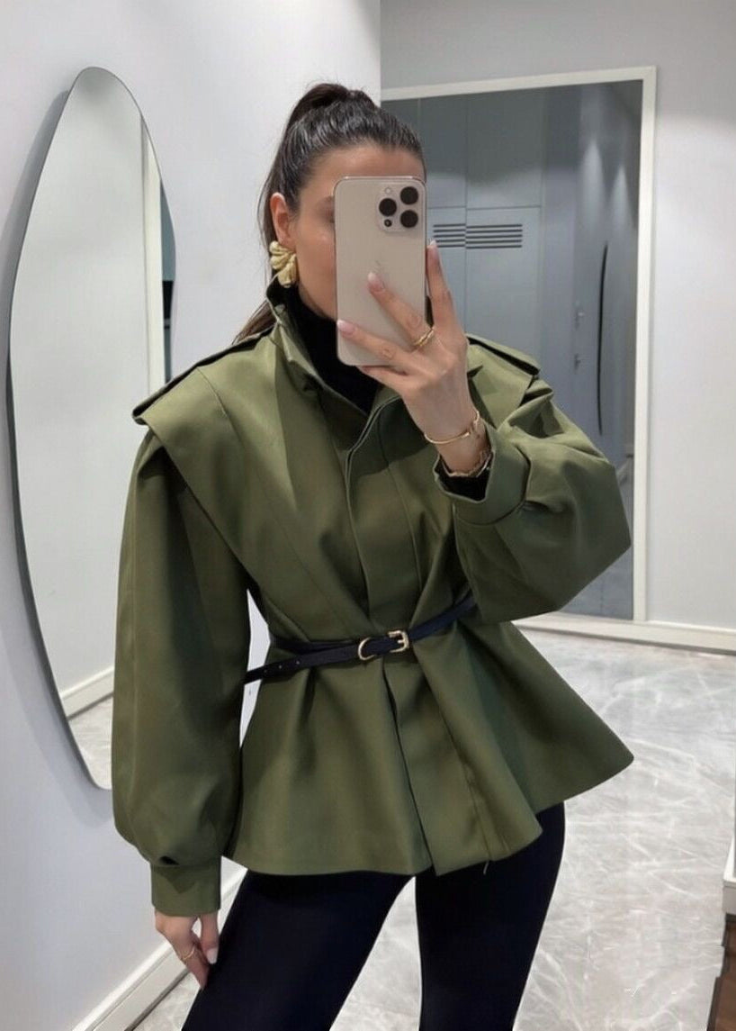 Belted High Collar Jacket with Structured Shoulders and Balloon Sleeves