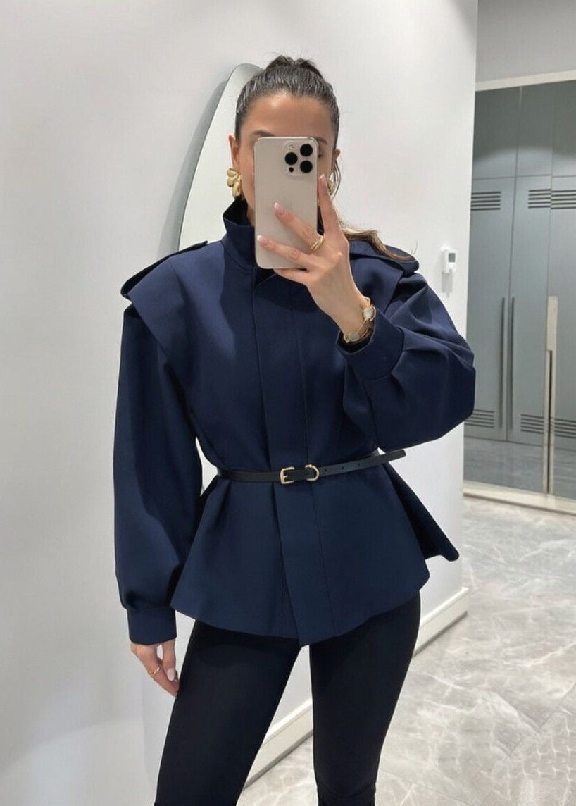 Belted High Collar Jacket with Structured Shoulders and Balloon Sleeves