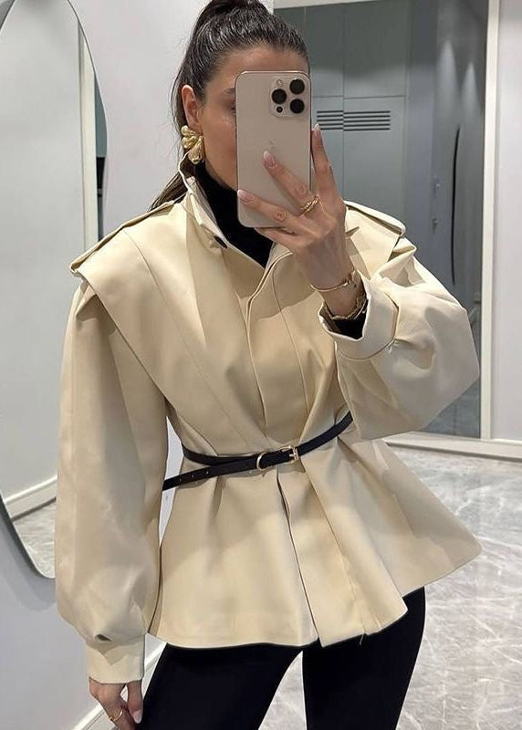 Belted High Collar Jacket with Structured Shoulders and Balloon Sleeves