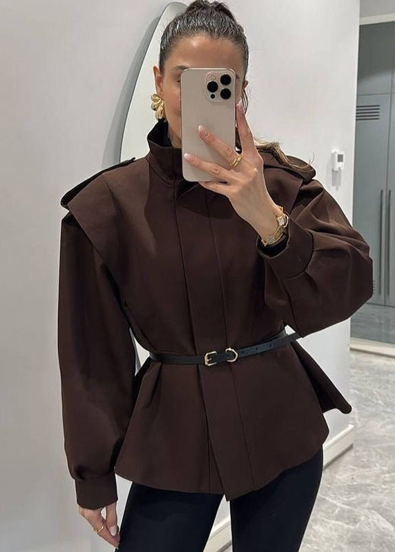 Belted High Collar Jacket with Structured Shoulders and Balloon Sleeves