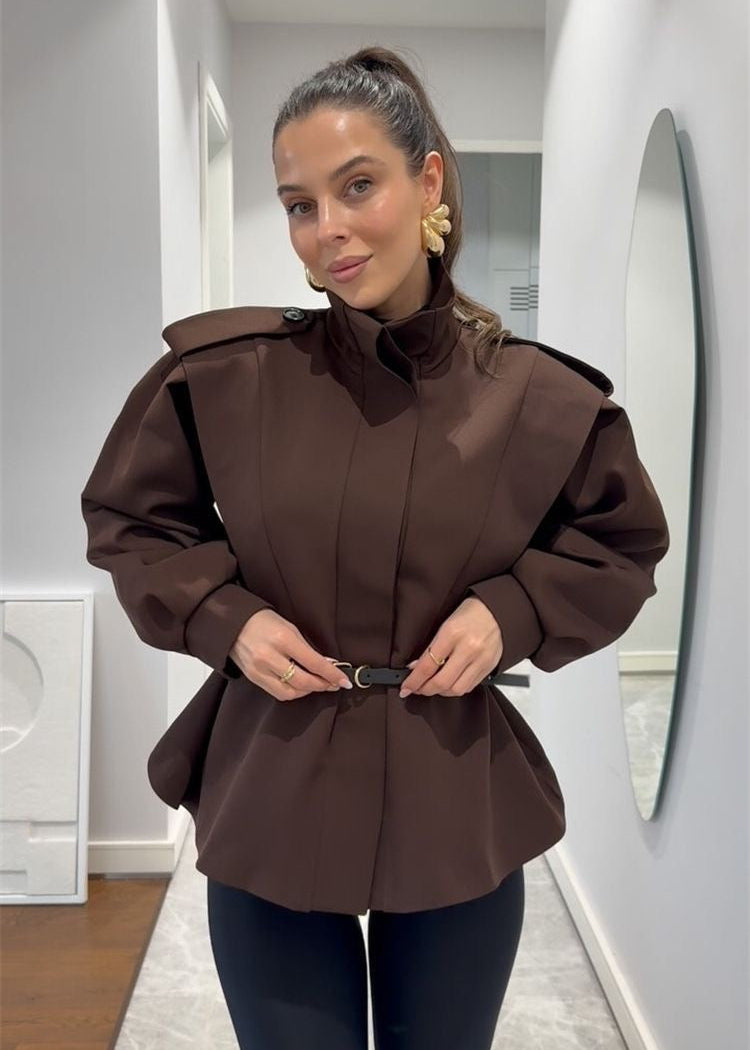 Belted High Collar Jacket with Structured Shoulders and Balloon Sleeves