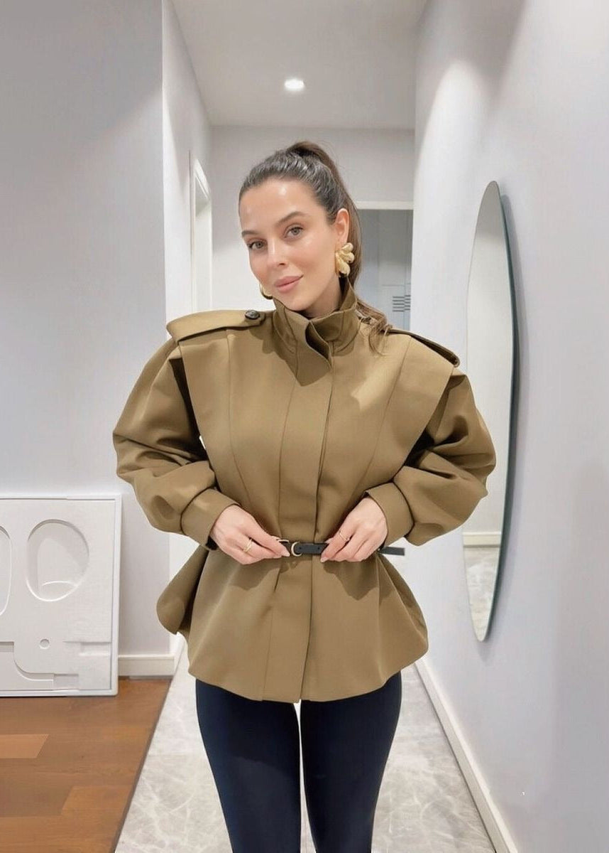 Belted High Collar Jacket with Structured Shoulders and Balloon Sleeves