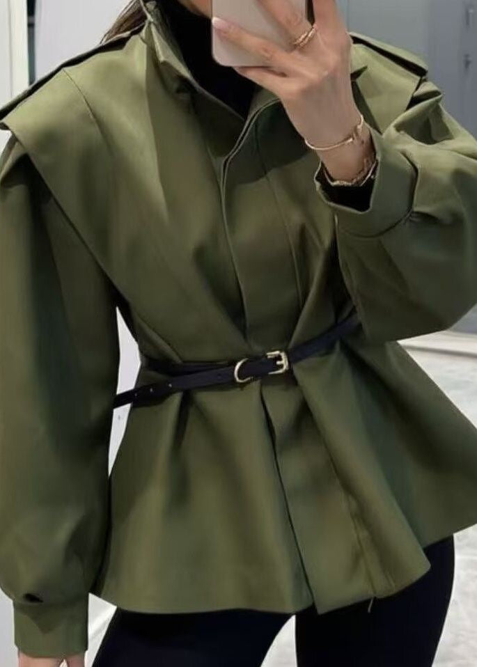 Belted High Collar Jacket with Structured Shoulders and Balloon Sleeves