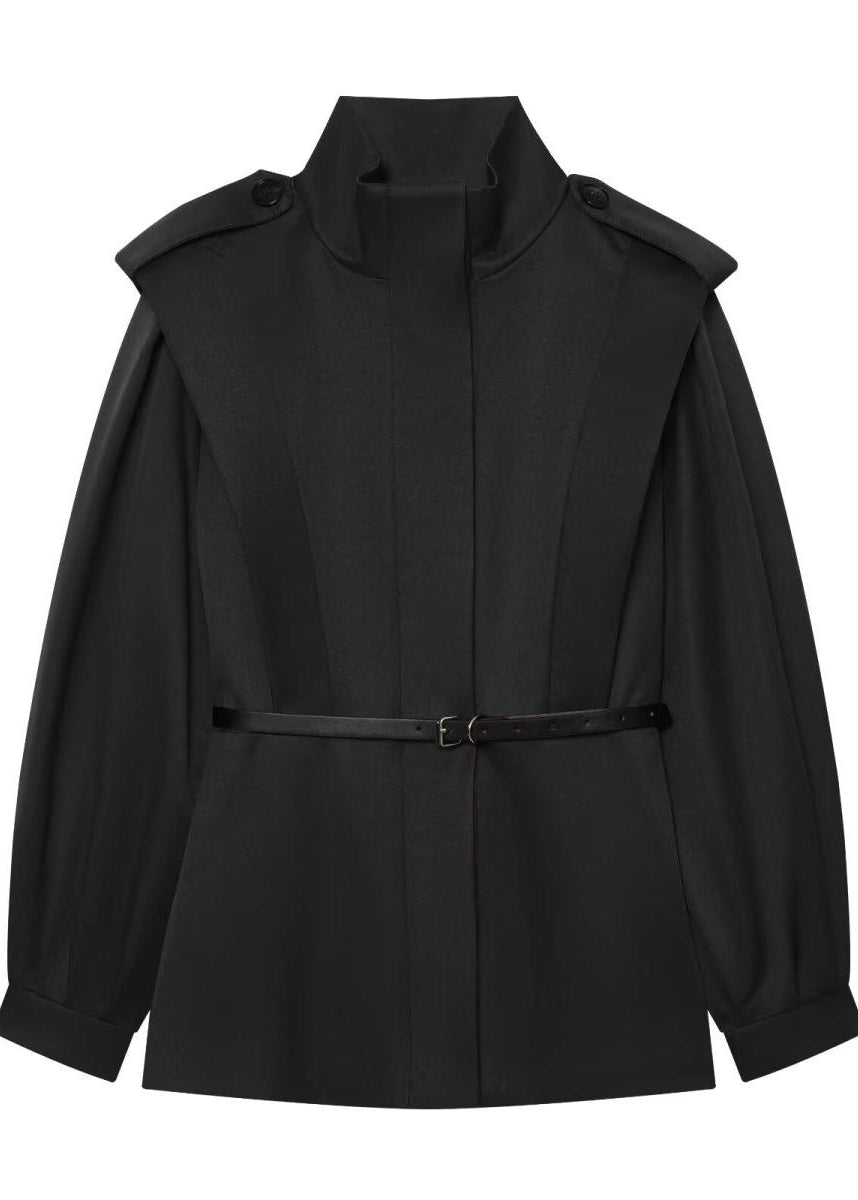 Belted High Collar Jacket with Structured Shoulders and Balloon Sleeves