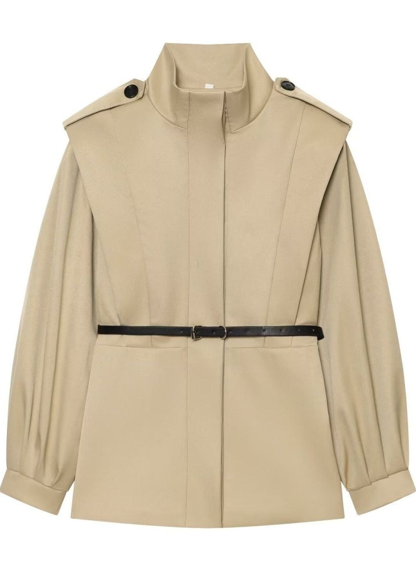 Belted High Collar Jacket with Structured Shoulders and Balloon Sleeves