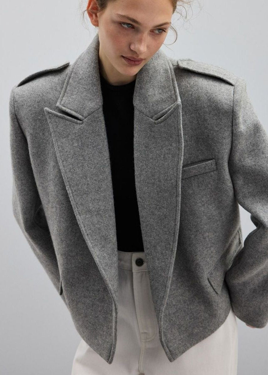 Structured Short Blazer Jacket with Peak Lapels and Shoulder Epaulets