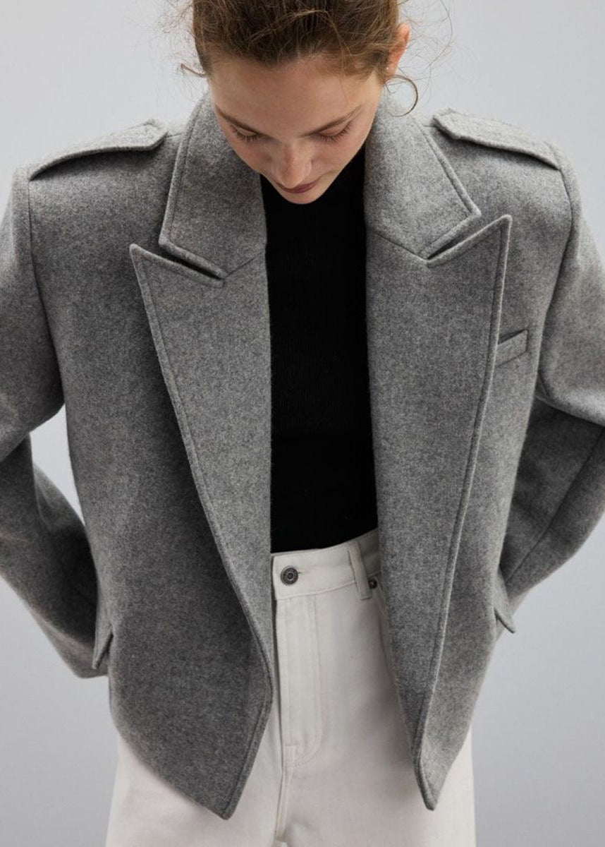 Structured Short Blazer Jacket with Peak Lapels and Shoulder Epaulets
