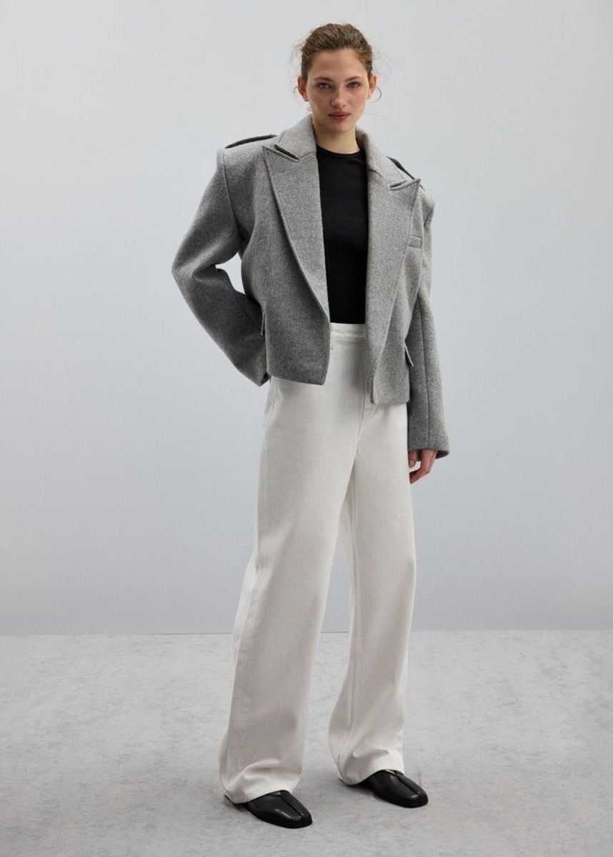 Structured Short Blazer Jacket with Peak Lapels and Shoulder Epaulets
