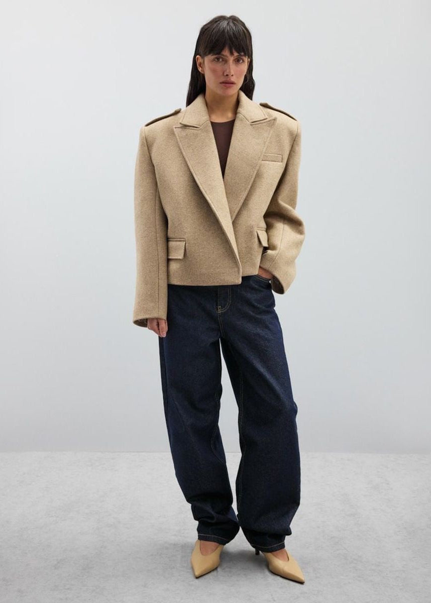 Structured Short Blazer Jacket with Peak Lapels and Shoulder Epaulets