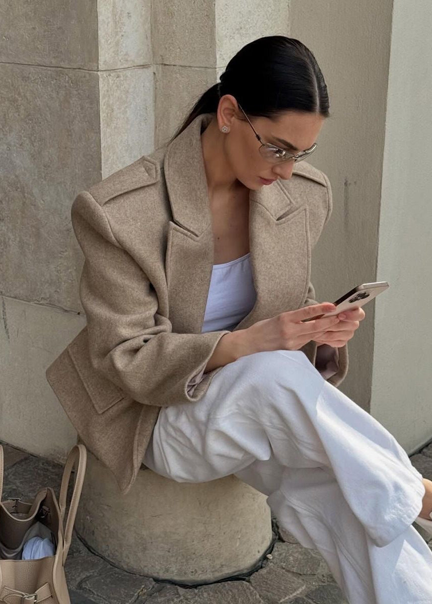 Structured Short Blazer Jacket with Peak Lapels and Shoulder Epaulets