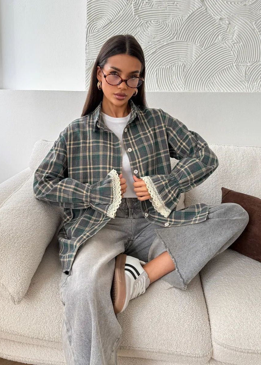 Green Plaid Button-Up Shirt with Lace-Trim Cuffs and Long Sleeves