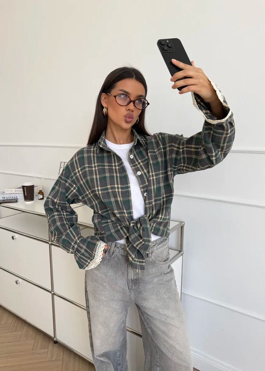 Green Plaid Button-Up Shirt with Lace-Trim Cuffs and Long Sleeves