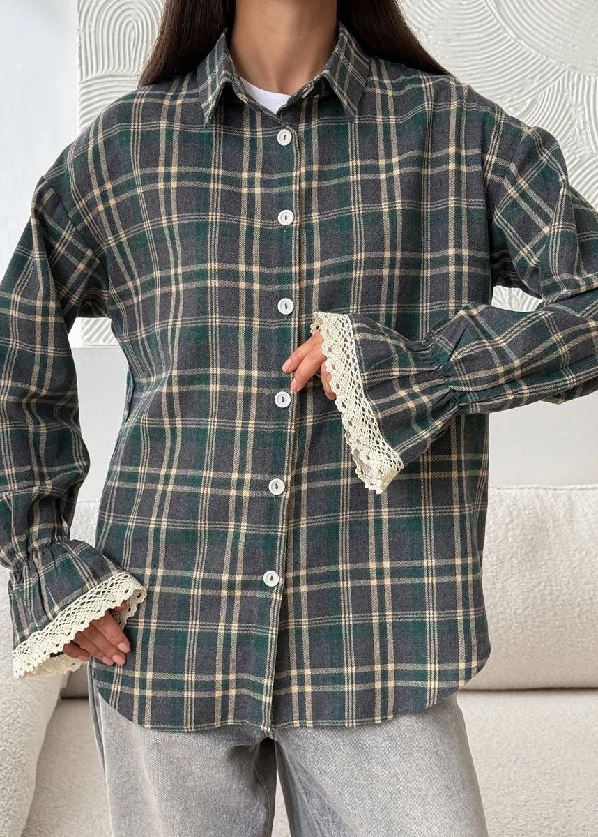Green Plaid Button-Up Shirt with Lace-Trim Cuffs and Long Sleeves