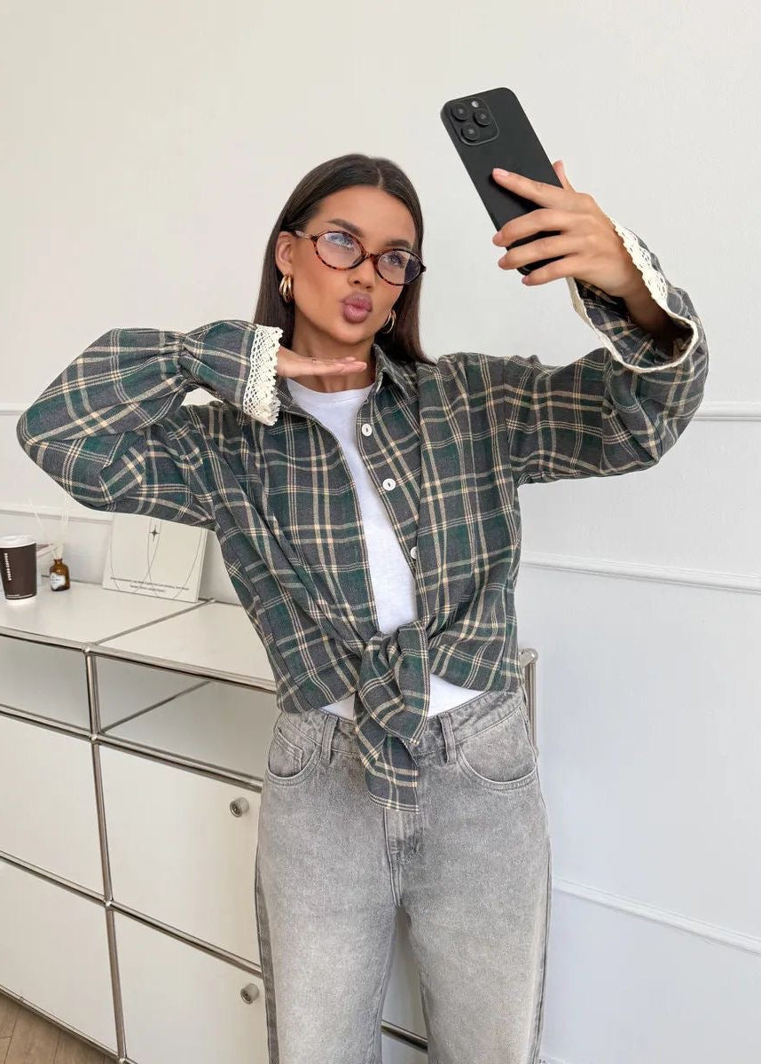 Green Plaid Button-Up Shirt with Lace-Trim Cuffs and Long Sleeves