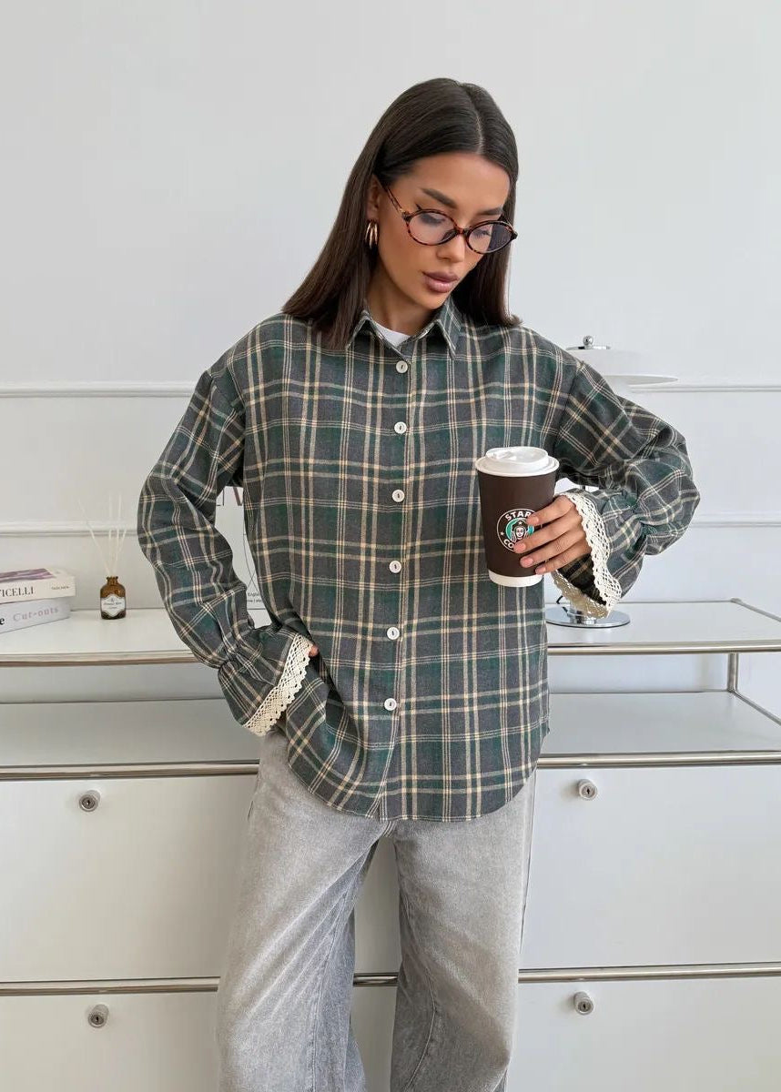 Green Plaid Button-Up Shirt with Lace-Trim Cuffs and Long Sleeves