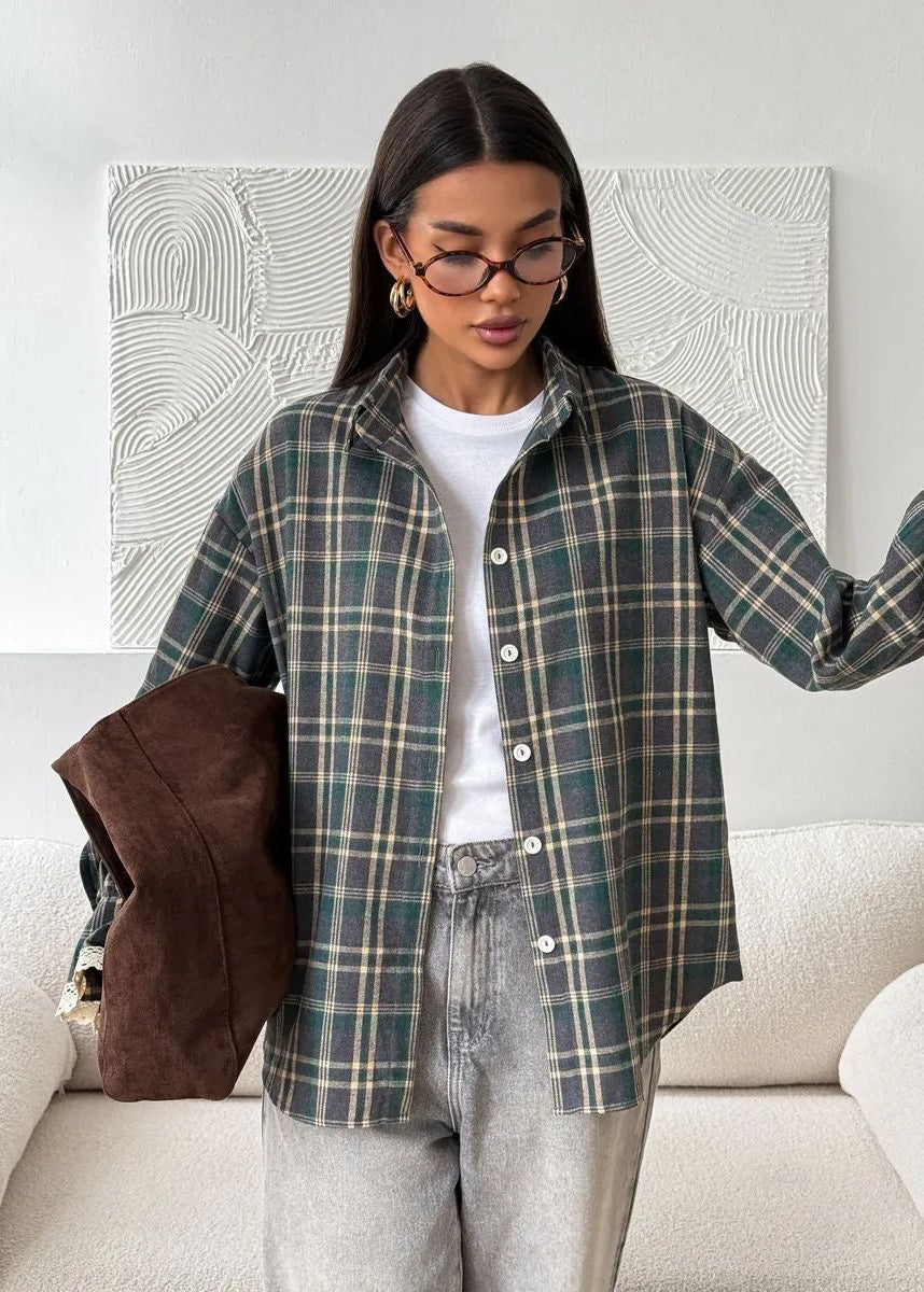 Green Plaid Button-Up Shirt with Lace-Trim Cuffs and Long Sleeves