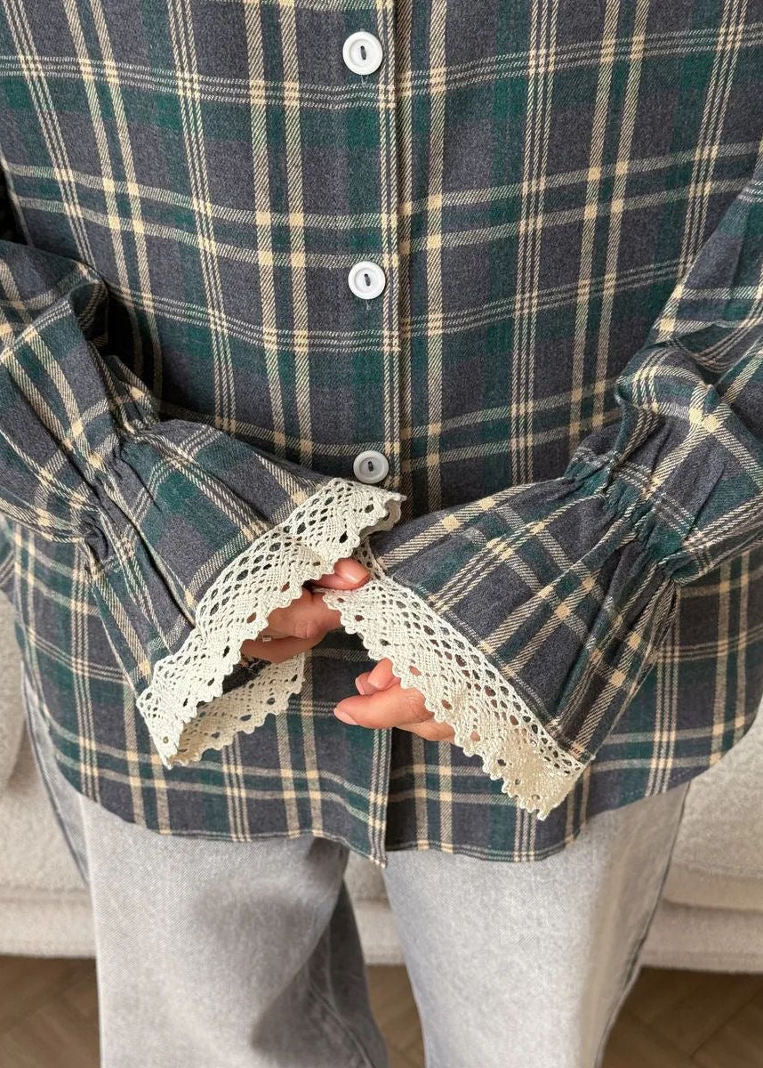 Green Plaid Button-Up Shirt with Lace-Trim Cuffs and Long Sleeves